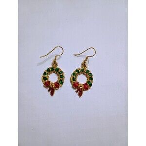 Vintage Gold Tone Green And Red Enamel Christmas Wreath Hook Earrings